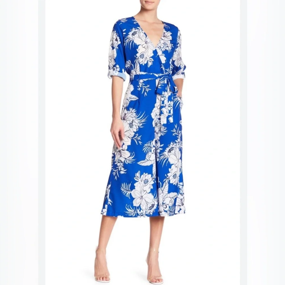 YUMI KIM Coastal Resort Spring Lg All For You Floral Blue Jumpsuit Wide Leg Crop
